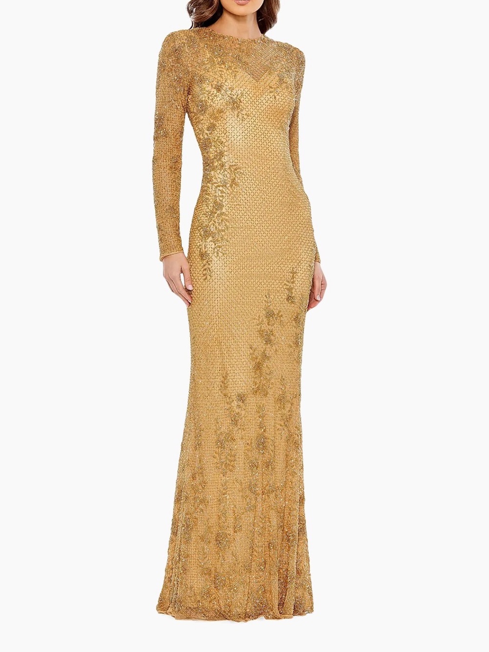 Mac Duggal Long-Sleeve Gold Beaded Evening Gown